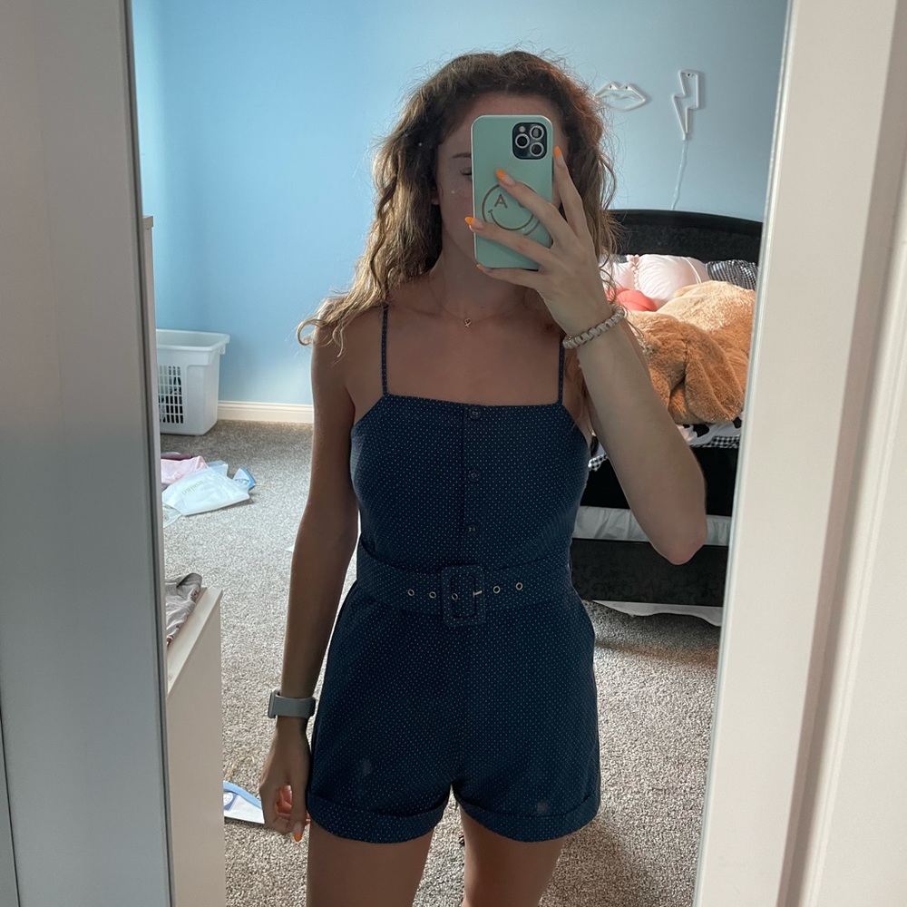 Blue polka dot belted romper with belt